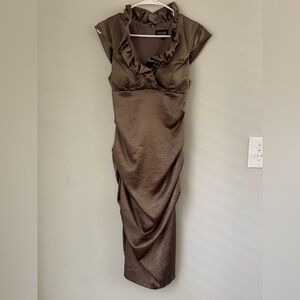 Xscape Brown Satin Ruffle-Trim Midi Dress